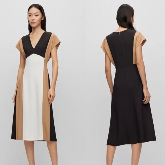 BOSS Color Blocked V Neck Dress - Picture 1 of 7
